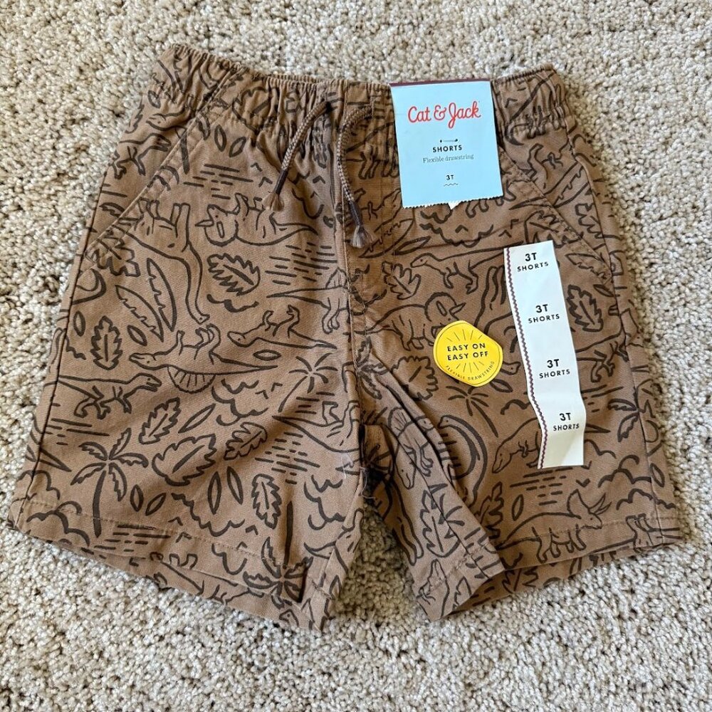 NWT Cat & Jack Boys 3T Drawstring Dinosaurs‎ Brown Shorts Casual Kidswear Artsy
